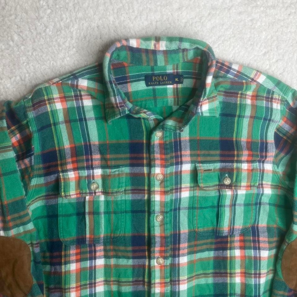 Polo Ralph Lauren men's plaid work flannel shirt pockets elbow patch camp xl